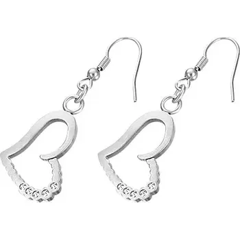 Náušnice Ocelové náušnice stříbrné barvy, šikmé srdce s čirými zirkony