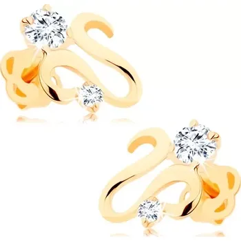 Náušnice Náušnice ve žlutém 14K zlatě - lesklá zvlněná stuha, dva zirkony čiré barvy