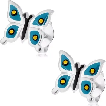 Náušnice Puzetové náušnice, stříbro 925, lesklý motýlek, modrá křídla, žlutočerné tečky