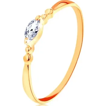 Prsten Prsten ve žlutém 14K zlatě - čiré zirkonové zrnko, kuličky po stranách - Velikost: 65