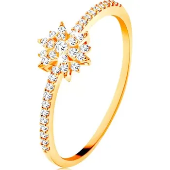 Prsten Prsten ze žlutého 14K zlata - zářivý květ z čirých zirkonů, třpytivá ramena - Velikost: 59