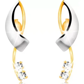 Náušnice Zlaté náušnice 585 - překřížené dvoubarevné linie, dva čiré zirkony