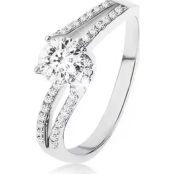 Prsten Prsten ze stříbra 925, kulatý čirý zirkon, rozdvojená a posunutá ramena - Velikost: 68