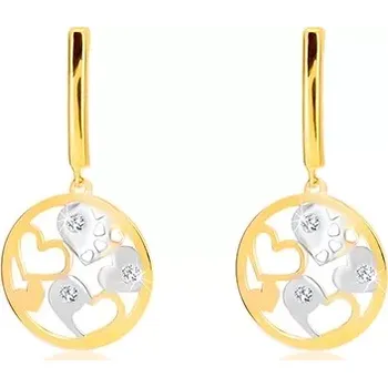 Náušnice Náušnice ve 14K zlatě - úzký pás, kruh s dvoubarevnými srdíčky, zirkony