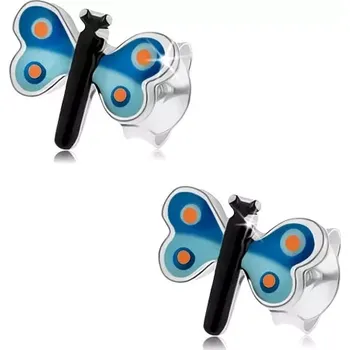 Náušnice Puzetové náušnice, stříbro 925, glazovaný motýl s modrými křídly, puntíky