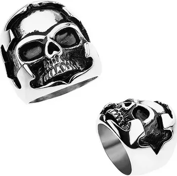 Prsten Patinovaný prsten z chirurgické oceli, vyřezávaný kříž, lebka - Velikost: 66