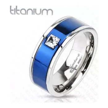 Prsten Titanový prsten s modrým pruhem a čtvercovým zirkonem - Velikost: 67