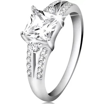 Prsten Zásnubní prsten, stříbro 925, čirý zirkonový čtverec, zdobená ramena - Velikost: 53