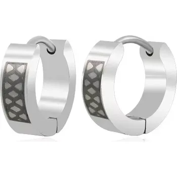 Náušnice Ocelové náušnice stříbrné barvy, kroužky s černým mřížkovaným vzorem