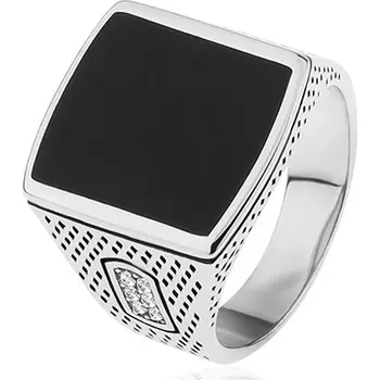 Prsten Prsten ze stříbra 925, obdélník s černou glazurou, gravírovaná ramena, zirkony - Velikost: 57