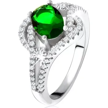 Prsten Prsten - stříbro 925, zaoblené linie, čiré kamínky, oválný zelený zirkon - Velikost: 50