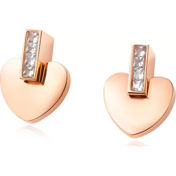Náušnice Ocelové náušnice - lesklá srdíčka se vsunutým zirkonovým pásem, měděná barva