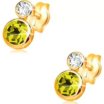 Náušnice Náušnice ve žlutém 14K zlatě - kulatý zelený olivín a čirý zirkon