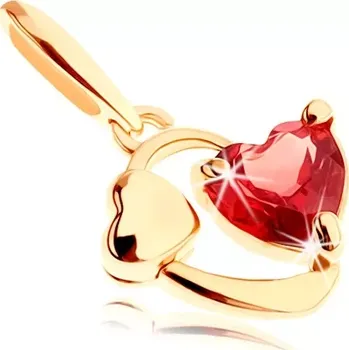 Přívěsek Přívěsek ve žlutém 14K zlatě - obrys oválu se srdíčkem a červeným granátem