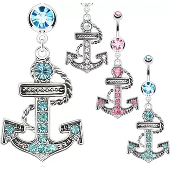 Piercing Ocelový piercing do pupíku - zirkonová kotva s lanem - Barva zirkonu: Růžová - P