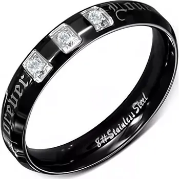 Prsten Prsten z chirurgické oceli, černý, lesklý, zirkony, Forever Love - Velikost: 57