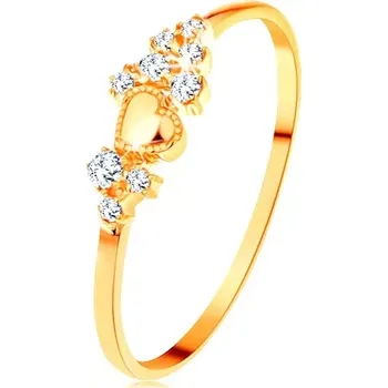 Prsten Prsten ve žlutém 14K zlatě - drobné čiré zirkony a lesklé vypouklé srdíčko - Velikost: 65