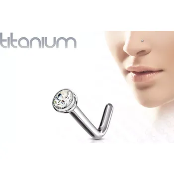 Piercing Zahnutý piercing do nosu z titanu - drobný kulatý zirkon v objímce, 0,8 mm - Barva zirkonu: Červená - R