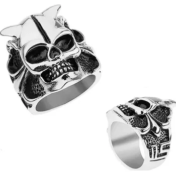 Prsten Ocelový prsten stříbrné barvy, lebka s rohy, srdce, kuličky, hranaté linie - Velikost: 64