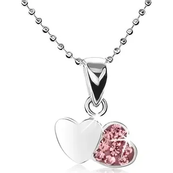 Náhrdelník Stříbrný náhrdelník 925, řetízek z malých kuliček, dvě srdce, růžové zirkony