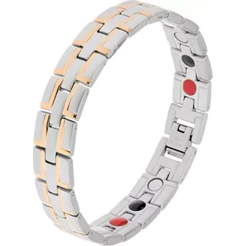 Náramek Ocelový náramek matné stříbrné barvy, linie "L" ve zlaté barvě, magnety