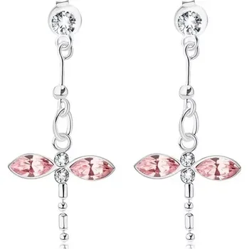 Náušnice Stříbrné náušnice 925, visící růžovo-čirá vážka, krystaly Swarovski