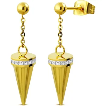 Náušnice Náušnice z oceli 316L zlaté barvy, kulička a visící kužel zdobený čirými zirkony