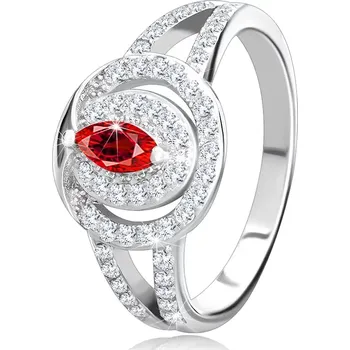 Prsten Stříbrný prsten 925, mohutná ozdoba - čirá zirkonová obruč s červeným zirkonovým zrnkem, zdvojená ramena - Velikost: 60