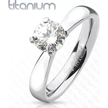 Prsten Zásnubní prsten z titanu, stříbrná barva, kulatý čirý zirkon, lesklá ramena - Velikost: 49