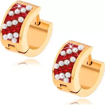 Náušnice Ocelové náušnice zlaté barvy, rubínově červené zirkony, bílé kuličky