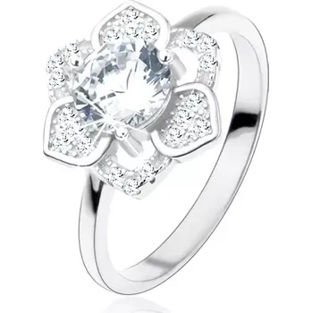 Prsten Prsten, stříbro 925, blyštivý květ, broušený čirý zirkon, hladká ramena - Velikost: 49