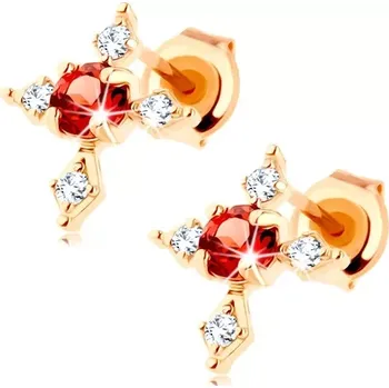 Náušnice Náušnice ze žlutého 14K zlata kříž s granátem a zirkony