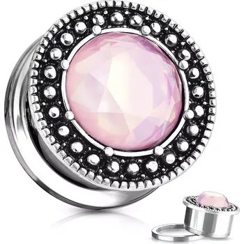 Piercing Ocelový plug do ucha - broušené růžové sklíčko, lem s černou patinou - Tloušťka : 25 mm