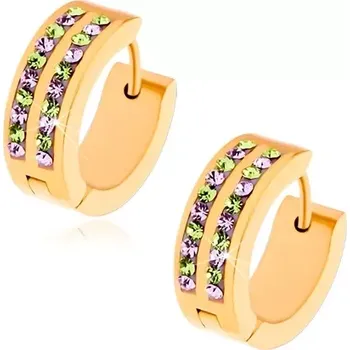 Náušnice Náušnice z chirurgické oceli, zlatá barva, fialové a zelené zirkony