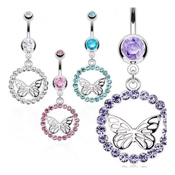 Piercing Piercing do bříška z chirurgické oceli - zirkonová obroučka, motýl stříbrné barvy - Barva zirkonu: Růžová - P