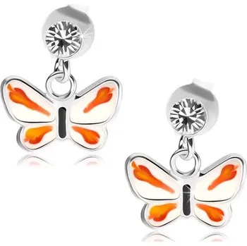 Náušnice Stříbrné 925 náušnice, čirý krystalek Swarovski, bílo-oranžový motýlek