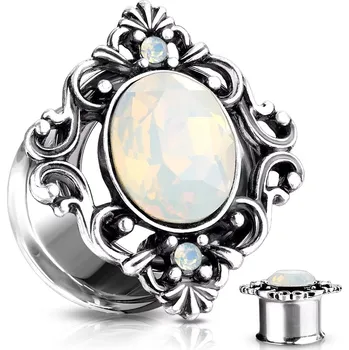 Piercing Sedlový tunel do ucha stříbrné barvy, oválný syntetický opál, filigrán - Tloušťka : 12 mm