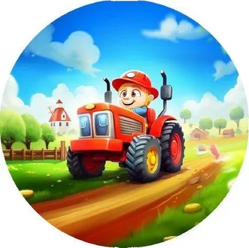 Jedlá dekorace na dort Jedlý papír traktor kreslený s malým řidičem 19,5cm - PICTURE