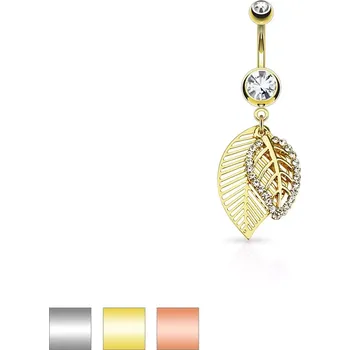 Piercing Piercing do pupíku z oceli 316L, dva lístečky zdobené výřezy a čirými zirkony - Barva piercing: Stříbrná