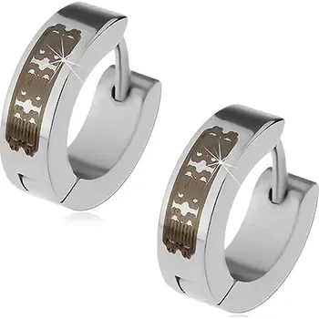 Náušnice Ocelové náušnice stříbrné barvy - kroužky s černým vzorem, kloubové