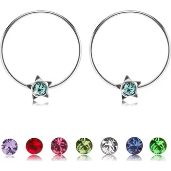 Náušnice Stříbrné kruhové náušnice 925, hvězdička s barevným krystalkem Swarovski - Barva: Fialová