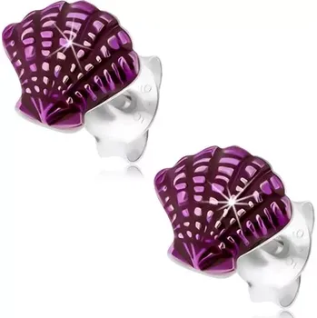 Náušnice Stříbrné náušnice 925, mušle zdobená zářezy a fialovou glazurou