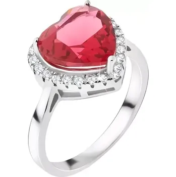 Prsten Stříbrný prsten 925 - velký červený srdcovitý kámen, zirkonový lem - Velikost: 59