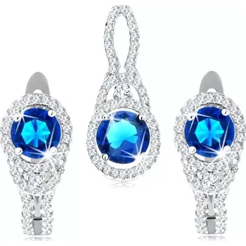Souprava šperků Stříbrná 925 sada z přívěsku a náušnic, tmavomodrý zirkon, čirá obruba