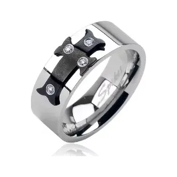 Prsten Ocelový prsten černý kříž, zirkony - Velikost: 67