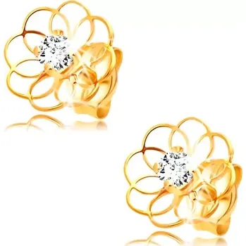 Náušnice Diamantové náušnice ze žlutého 14K zlata - kontura kvítku s briliantem