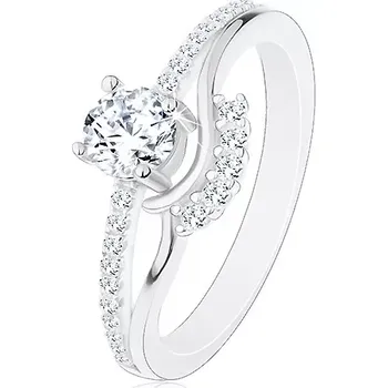 Prsten Stříbrný 925 prsten - zásnubní, rozdělená ramena, zirkon, vlnky a třpytivá linie - Velikost: 51