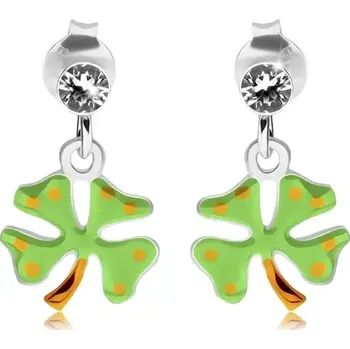 Náušnice Stříbrné náušnice 925, čtyřlístek - světle zelená glazura, žluté tečky, puzetky