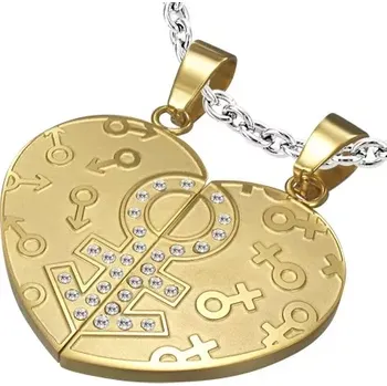 Přívěsek Šperky Eshop Přívěsek rozpůlené srdce - znaky pohlaví, zirkony zlatá