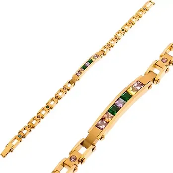 Náramek Ocelový náramek ve zlatém odstínu, úzká známka a barevné zirkony